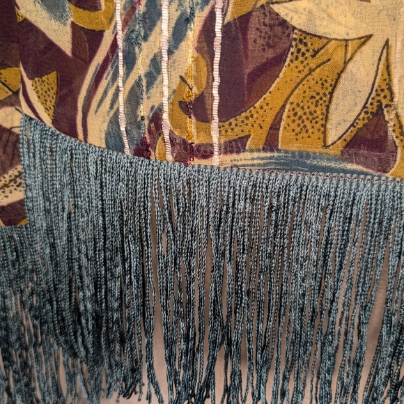 Long Fringe Boho Scarf Teal & Brown Floral Sheer Metallic Stripes 67" Wrap - Picture 4 of 12